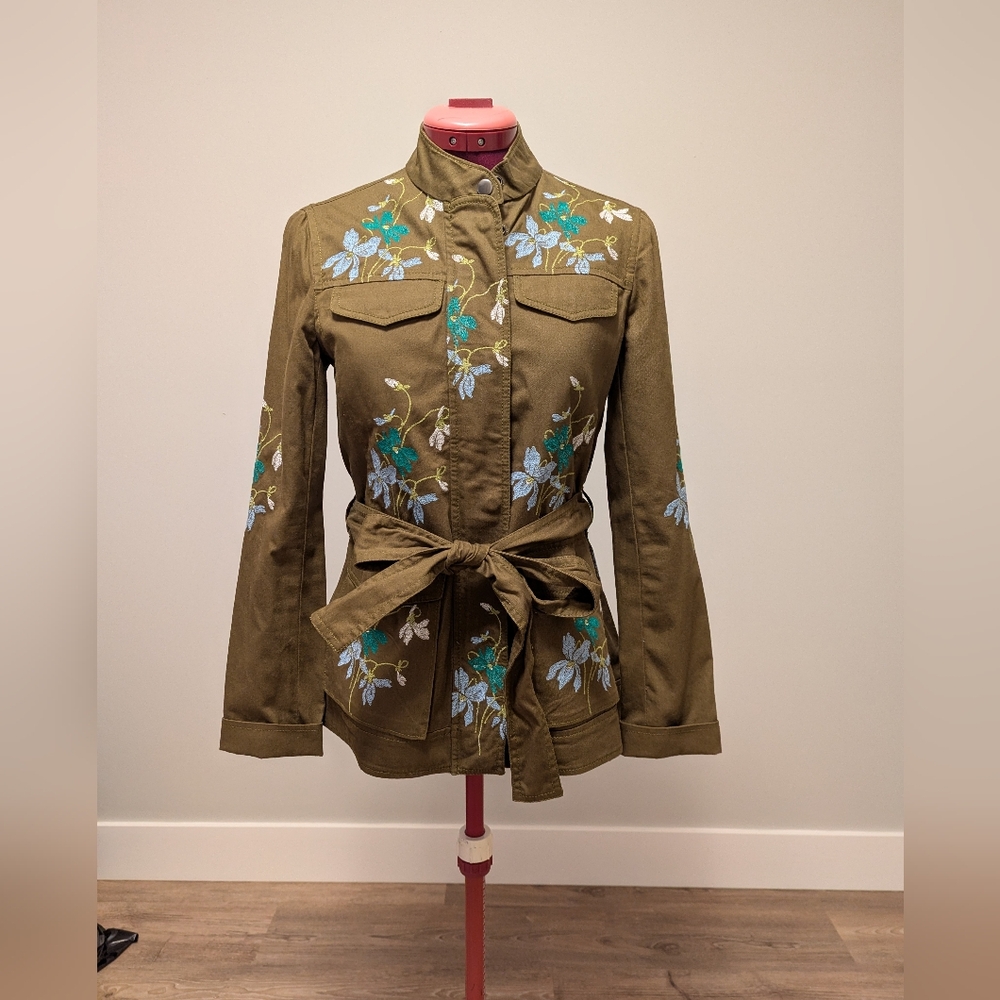Ann Taylor Green Utility Jacket with Floral Embroidery
